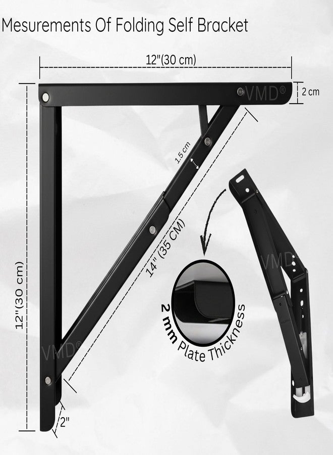 VMD, Heavy Duty 12" (Black) Foldable Shelf Bracket, DIY Folding Shelves, l Bracket, Wall Brackets, Wall Angle Bracket, Folding Table Bracket with Fittings for fold Down Steel Table (Pack of 2) - Image 3